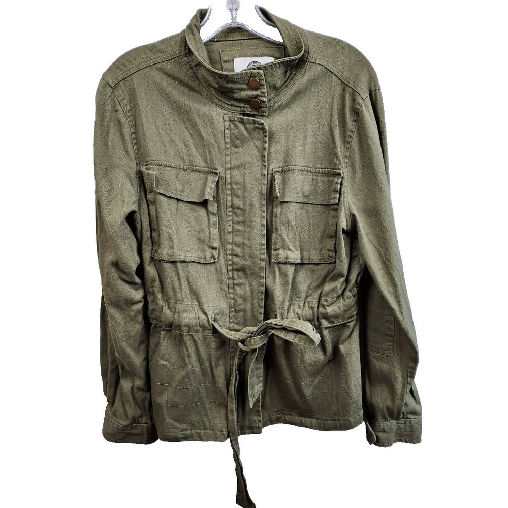 1 Sunset Lane‎ Womens Utility Jacket Large Olive Green Cargo Belted Grunge